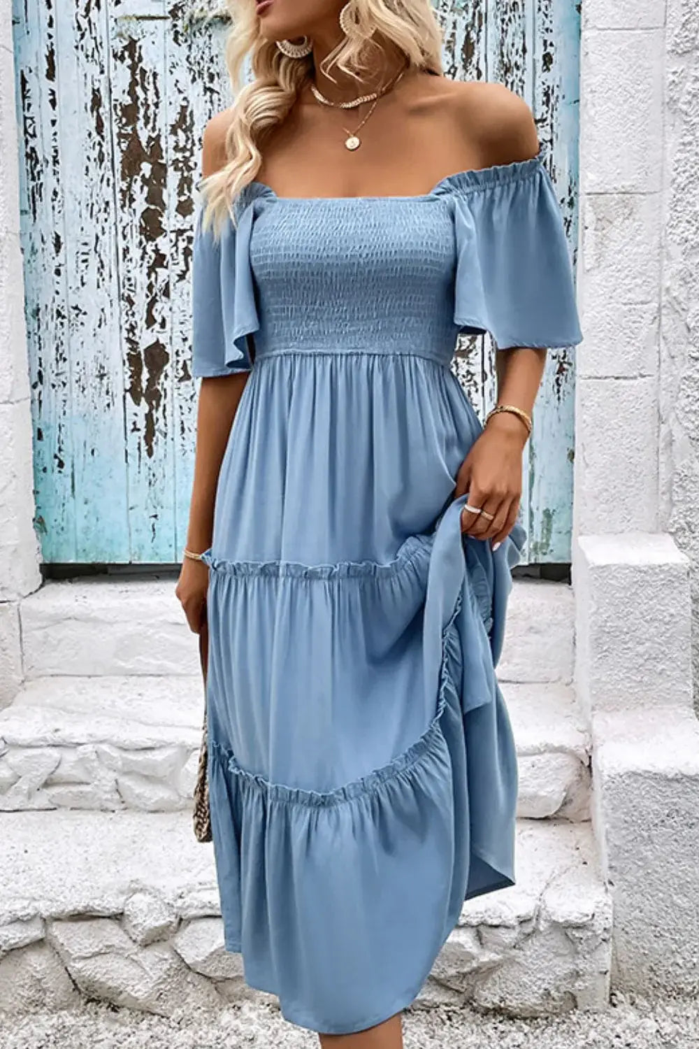 Smocked Square Neck Frill Trim Dress - Trendsi - Flyclothing LLC