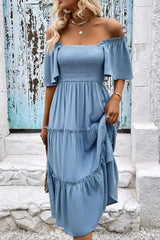 Smocked Square Neck Frill Trim Dress - Trendsi - Flyclothing LLC