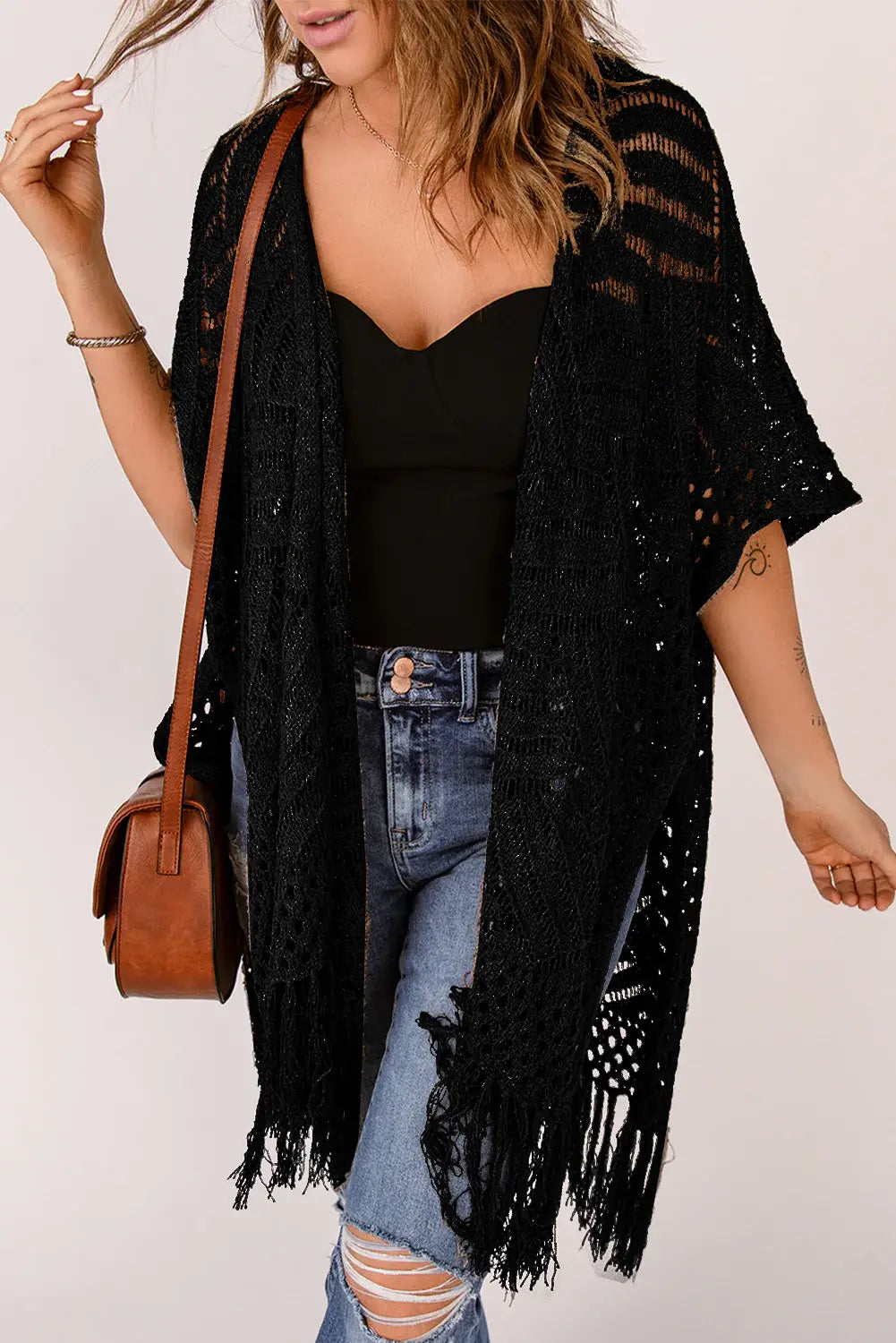 Fringe Hem Slit Open Front Cardigan - Trendsi - Flyclothing LLC