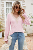 Eyelet V-Neck Smocked Flounce Sleeve Blouse - Trendsi