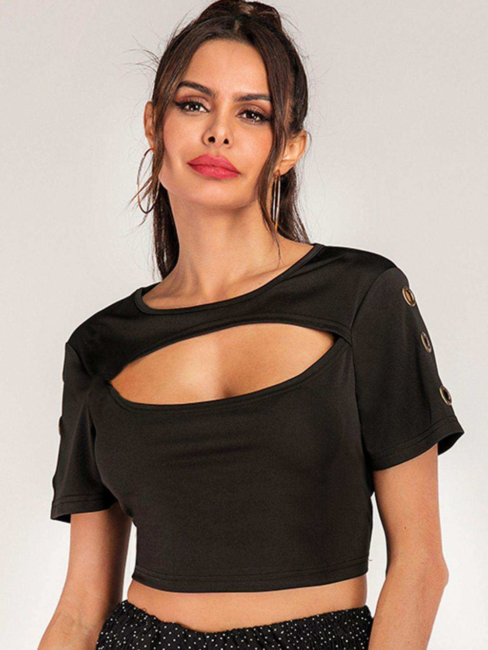 Cutout Grommet Detail Cropped Tee - Trendsi - Flyclothing LLC