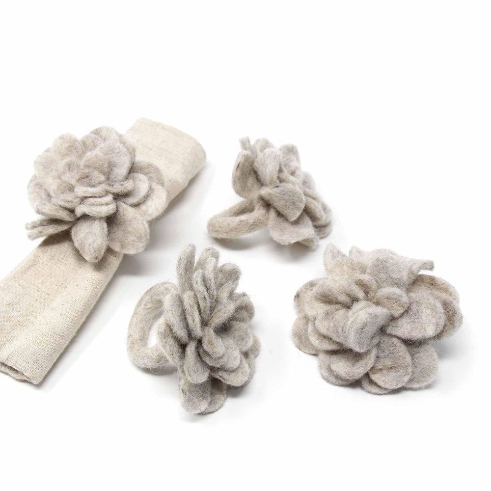 Set of 4 Felt Napkin Rings, Taupe Zinnias - Global Groove Direct