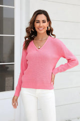 Ribbed V-Neck Dropped Shoulder Knit Top - Trendsi - Flyclothing LLC