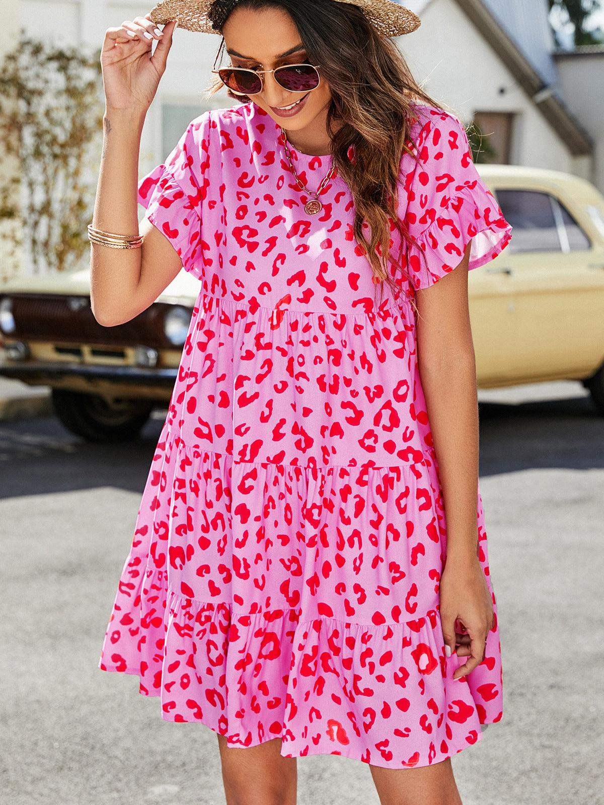 Leopard Short Flounce Sleeve Tiered Dress - Trendsi - Flyclothing LLC
