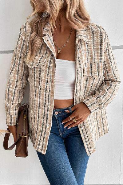 Pocketed Button Up Collared Neck Jacket - Trendsi - Flyclothing LLC