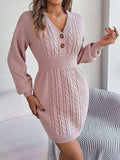 Buttoned Cable-Knit V-Neck Sweater Dress - Trendsi - Flyclothing LLC