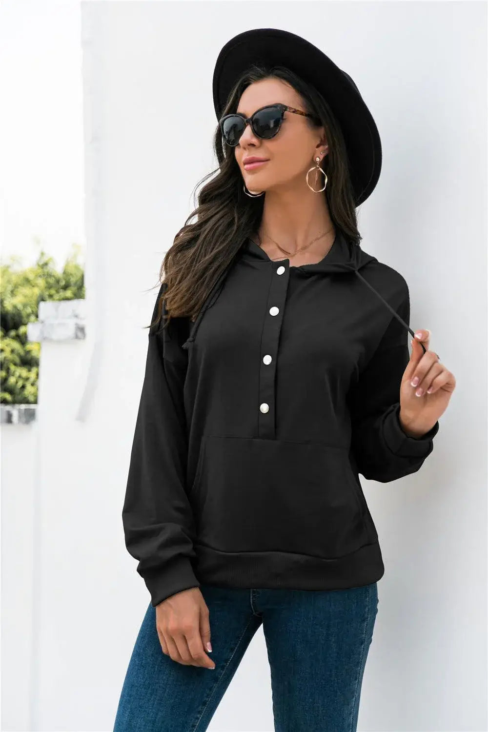 Half-Snap Drawstring Hoodie with Kangaroo Pocket - Trendsi - Flyclothing LLC