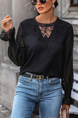 Lace Detail Smocked Flounce Sleeve Blouse - Trendsi