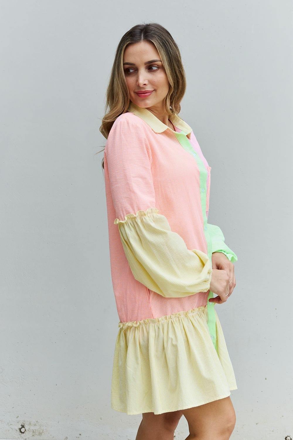Davi & Dani Flying Colors Full Size Colorblock Long Sleeve Shirt Dress - Trendsi