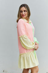 Davi & Dani Flying Colors Full Size Colorblock Long Sleeve Shirt Dress - Trendsi