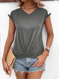 Spliced Lace V-Neck Twisted Hem Tee - Trendsi - Flyclothing LLC