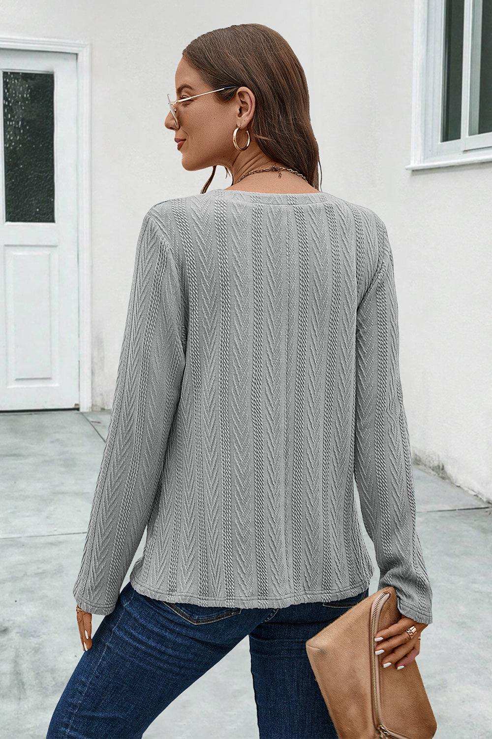Buttoned Notched Neck Long Sleeve T-Shirt - Trendsi - Flyclothing LLC
