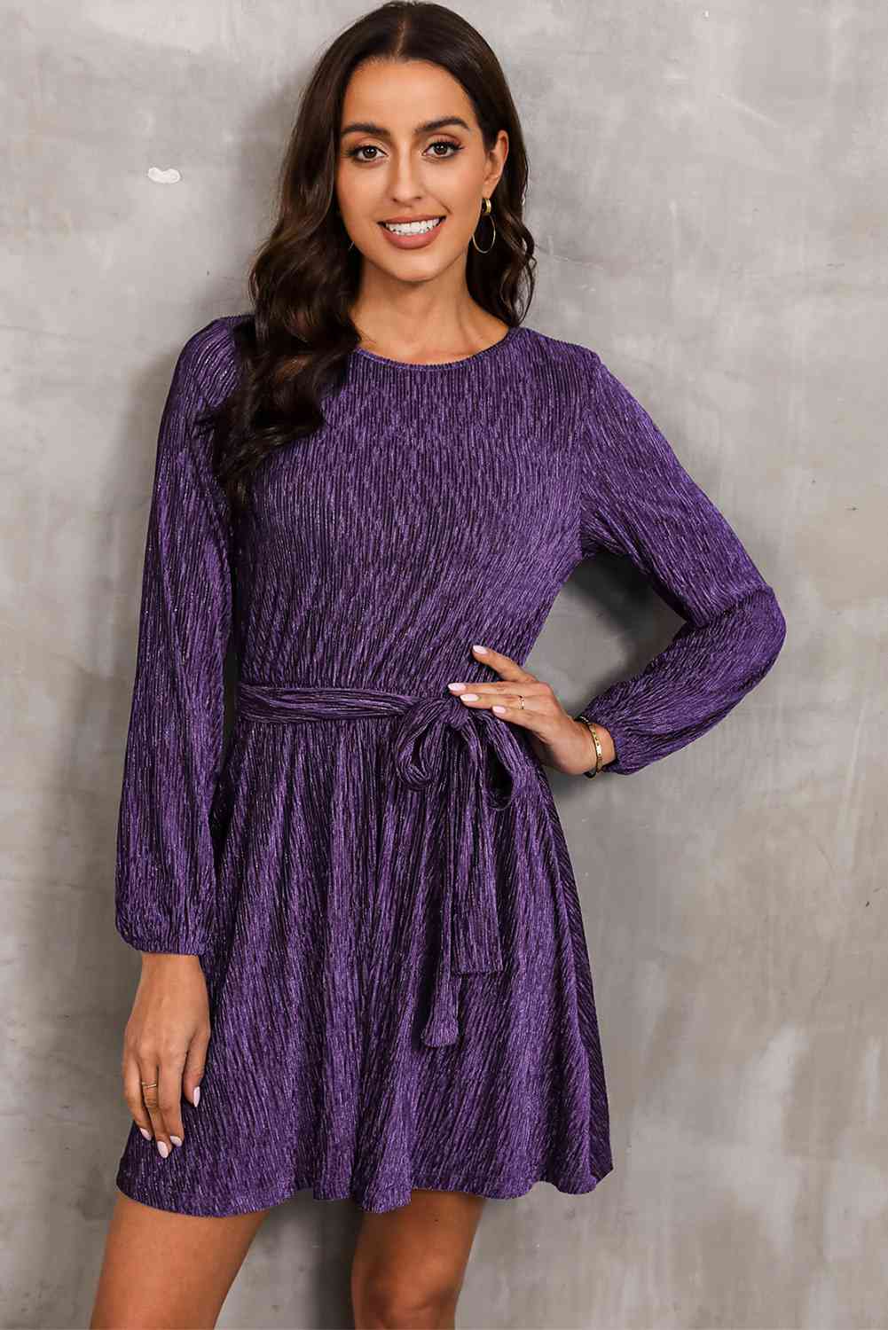 Round Neck Tie Front Long Sleeve Dress - Trendsi - Flyclothing LLC