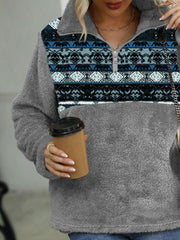 Geometric Quarter-Zip Collared Sweatshirt - Trendsi