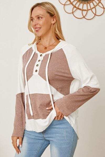 Color Block Drawstring Half Button Hoodie - Trendsi - Flyclothing LLC