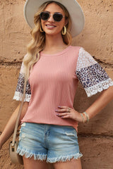 Leopard Lace Trim Ribbed Round Neck Top - Flyclothing LLC