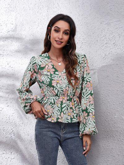 Floral V-Neck Balloon Sleeve Peplum Blouse - Trendsi