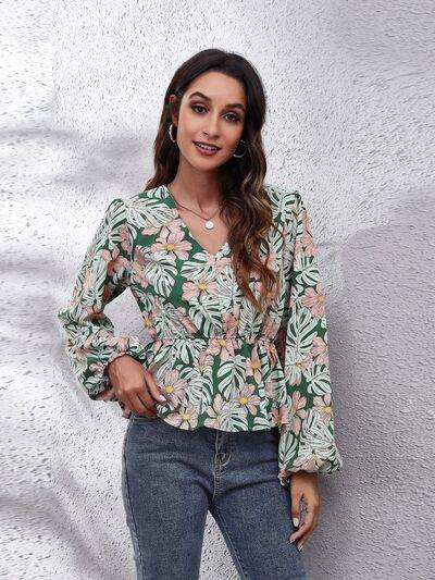 Floral V-Neck Balloon Sleeve Peplum Blouse - Trendsi - Flyclothing LLC