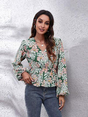 Floral V-Neck Balloon Sleeve Peplum Blouse - Trendsi