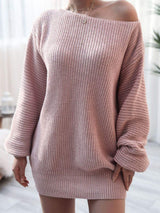Rib-Knit Balloon Sleeve Boat Neck Sweater Dress - Trendsi - Flyclothing LLC