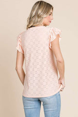 Culture Code Eyelet Round Neck Ruffled Cap Sleeve Top - Trendsi