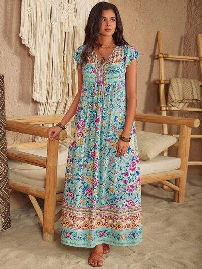 Ruffled Printed Tie Neck Cap Sleeve Dress - Trendsi - Flyclothing LLC