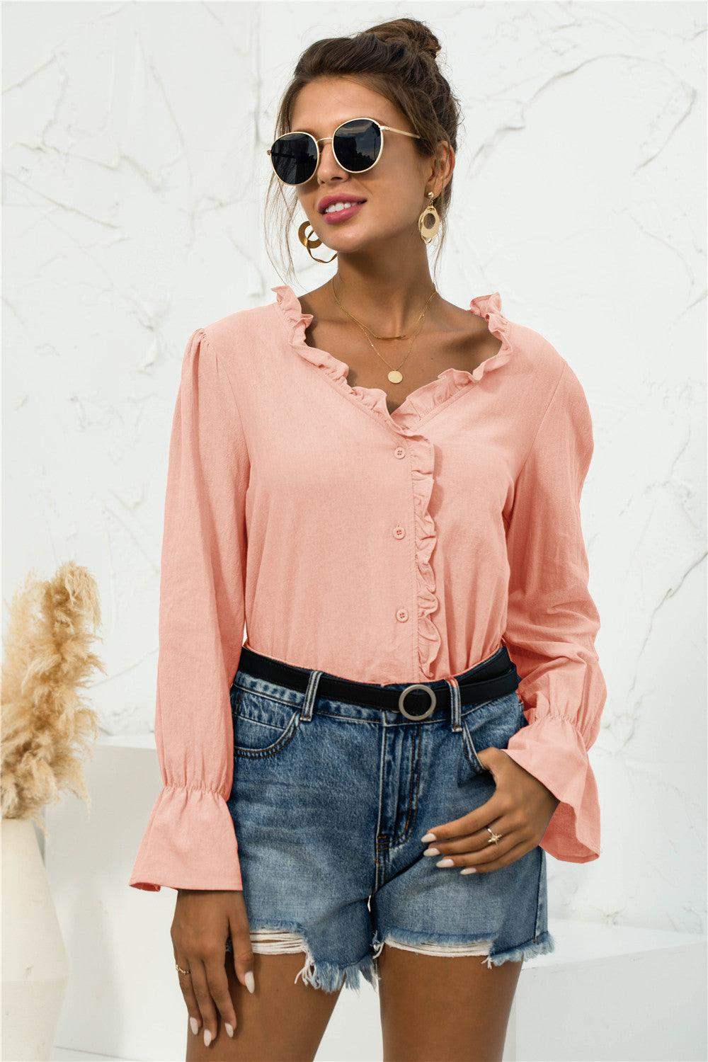 Frill Trim V-Neck Flounce Sleeve Shirt - Trendsi - Flyclothing LLC