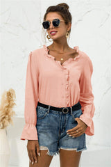 Frill Trim V-Neck Flounce Sleeve Shirt - Trendsi - Flyclothing LLC