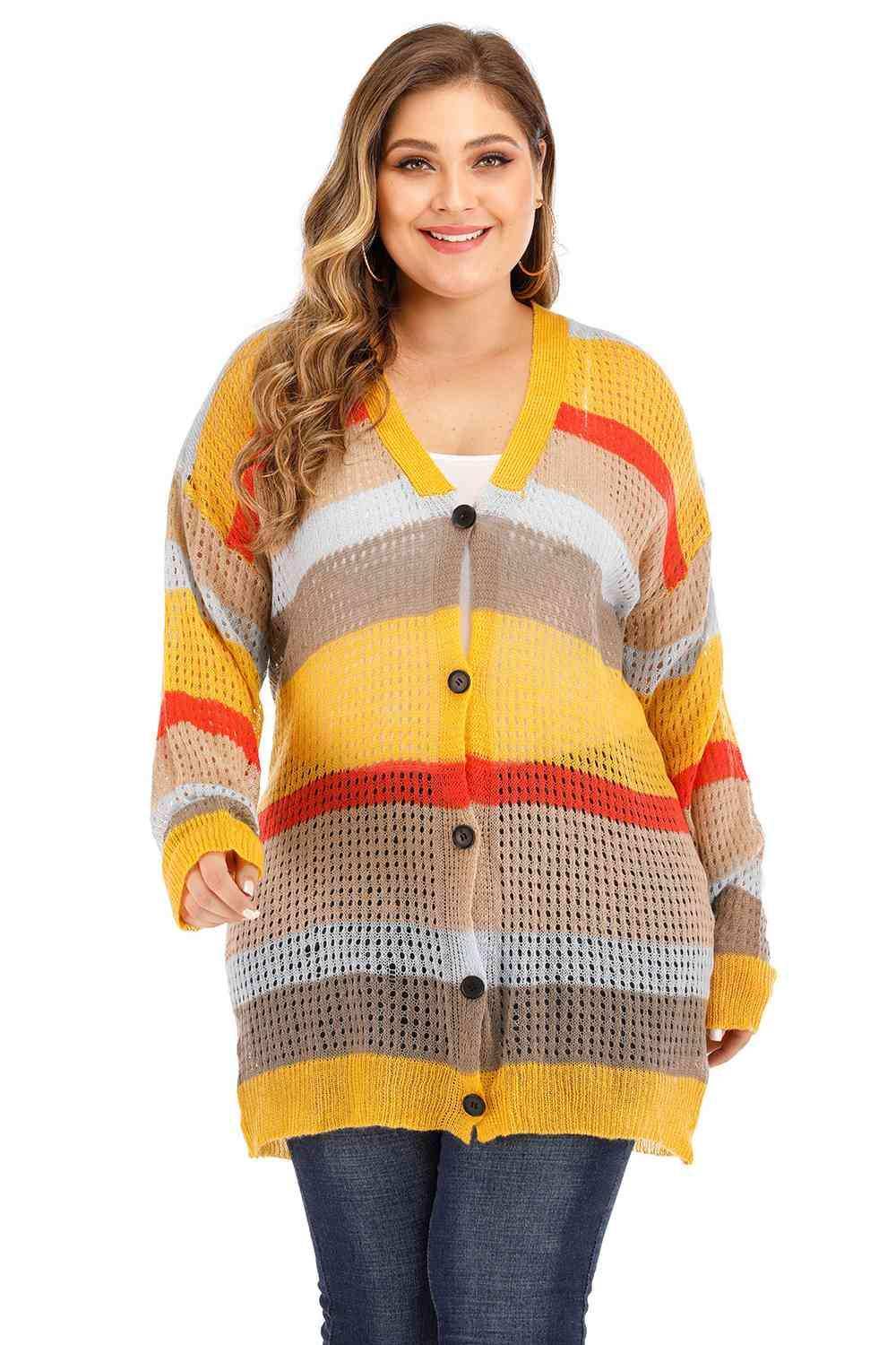 Plus Openwork Color Block Button Up Cardigan - Trendsi - Flyclothing LLC