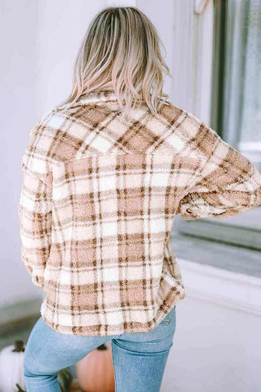 Plaid Collared Neck Jacket - Trendsi - Flyclothing LLC