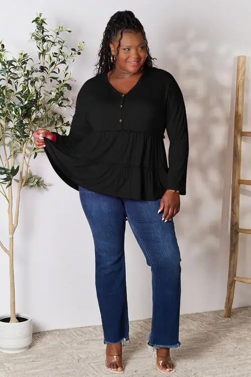 Double Take Half Button Long Sleeve Ruffle Hem Blouse - Trendsi - Flyclothing LLC