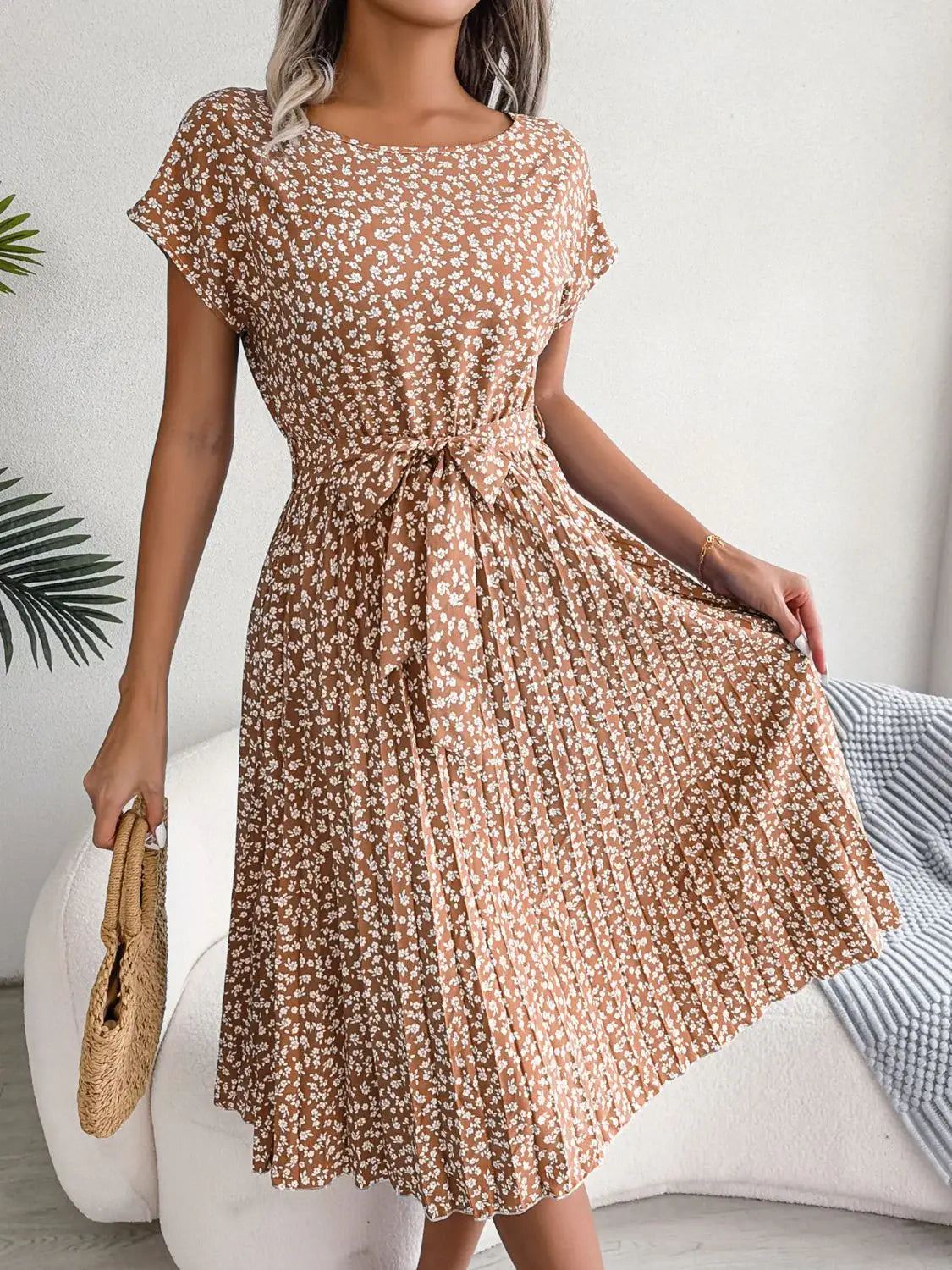 Ditsy Floral Pleated Belted Dress - Trendsi - Flyclothing LLC