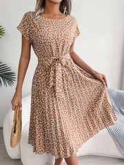 Ditsy Floral Pleated Belted Dress - Trendsi