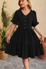 Swiss Dot Ruffled V-Neck Tiered Dress - Trendsi - Flyclothing LLC
