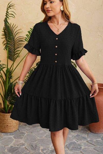 Swiss Dot Ruffled V-Neck Tiered Dress - Trendsi - Flyclothing LLC