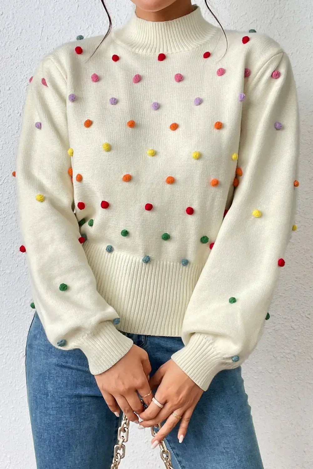 Pom-Pom Trim Mock Neck Long Sleeve Pullover Sweater - Trendsi - Flyclothing LLC