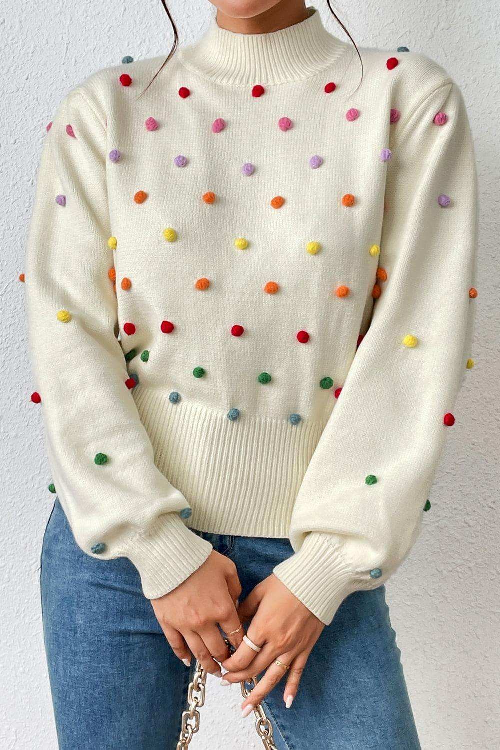 Pom-Pom Trim Mock Neck Long Sleeve Pullover Sweater - Trendsi - Flyclothing LLC