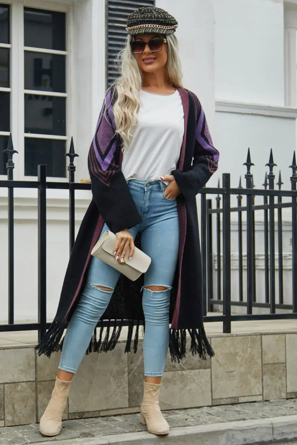Geometric Fringe Hem Open Front Duster Cardigan - Trendsi - Flyclothing LLC