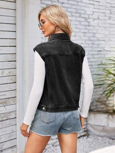 Button Up Cap Sleeve Denim Jacket - Trendsi - Flyclothing LLC