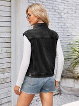 Button Up Cap Sleeve Denim Jacket - Trendsi - Flyclothing LLC