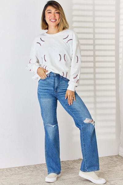 Sequin Ball Round Neck Dropped Shoulder Sweatshirt - Trendsi - Flyclothing LLC