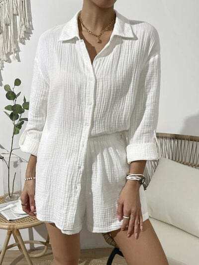 Dropped Shoulder Button Up Top and Elastic Waist Shorts Set - Trendsi - Flyclothing LLC