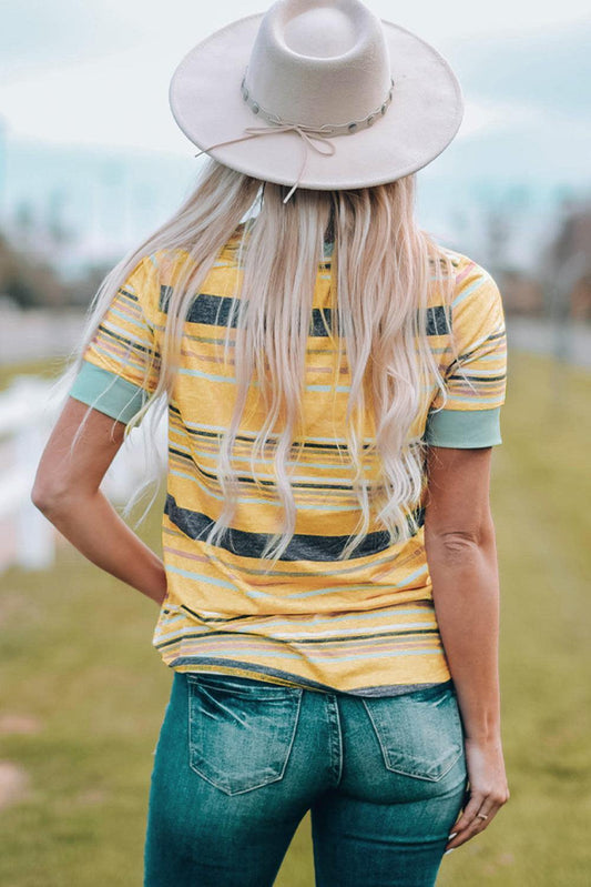 Multicolored Striped Round Neck Tee Shirt - Trendsi