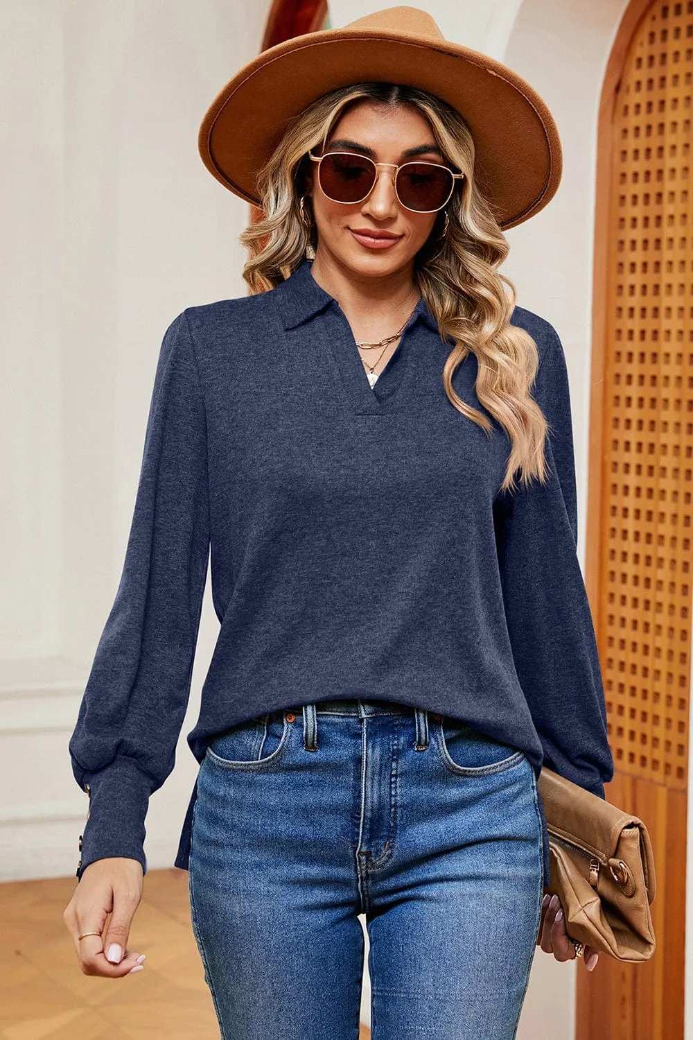 Decorative Button Johnny Collar Lantern Sleeve Blouse - Trendsi - Flyclothing LLC