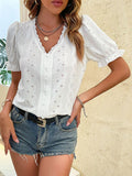 Buttoned V-Neck Flounce Sleeve Top - Trendsi