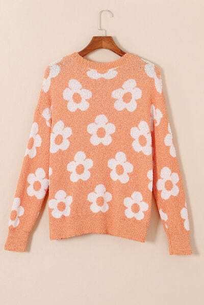 Flower Round Neck Dropped Shoulder Sweater - Trendsi - Flyclothing LLC