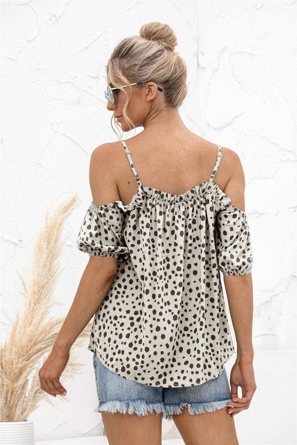 Printed Cold-Shoulder Frill Trim Blouse - Trendsi - Flyclothing LLC