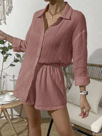 Dropped Shoulder Button Up Top and Elastic Waist Shorts Set - Trendsi - Flyclothing LLC