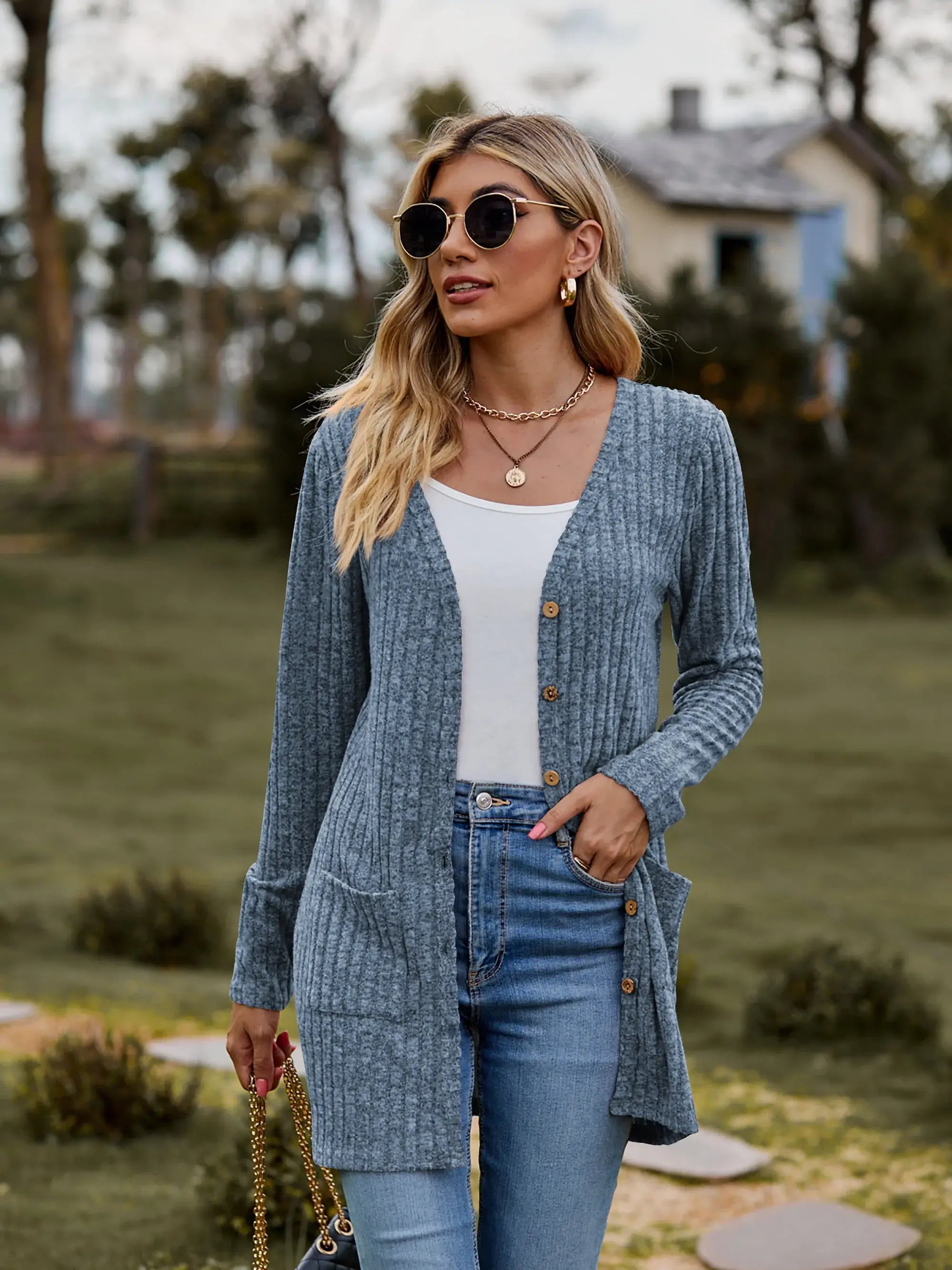 Ribbed Button-UP Caradigan with Pockets - Trendsi - Flyclothing LLC
