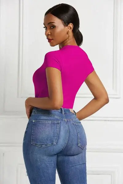 Round Neck Short Sleeve Bodysuit - Trendsi - Flyclothing LLC